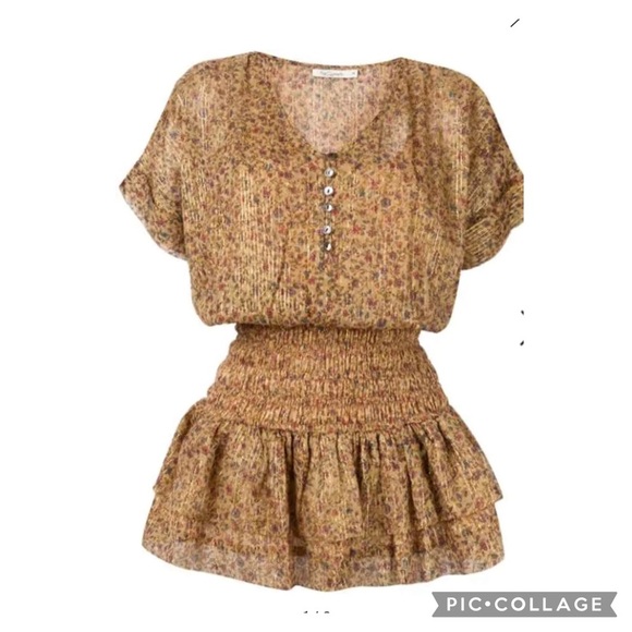 Mes Demoiselles Ambroisie Gold Lurex Floral Print Ruffled Hem Minidress Size 4 - Picture 4 of 14